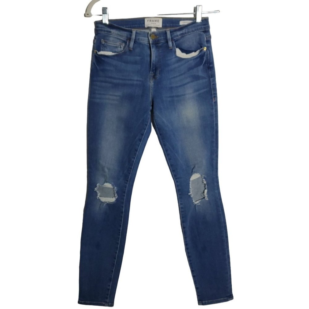 Frame Denim Womens Le Skinny de Jeanne Jeans 28 Distressed Mid‎ Rise Stretch